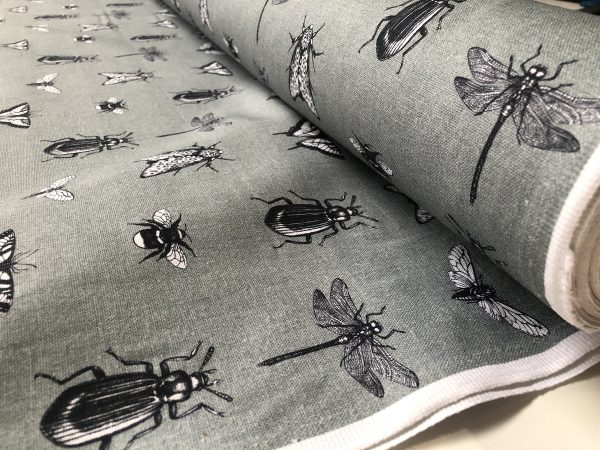 Grey Bugs & Insects Fabric for Curtains Upholstery Dressmaking - Bee, Moth, Butterfly, Dragonfly Print Cotton Material - 55"/140cm wide - Image 2