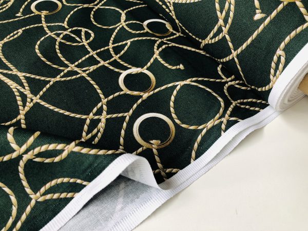 Dark Green Golden Chain Fabric for Curtains Upholstery Dressmaking - Gold Rope Ring Jewellery Print 100% Cotton Material - 55"/140cm wide - Image 2