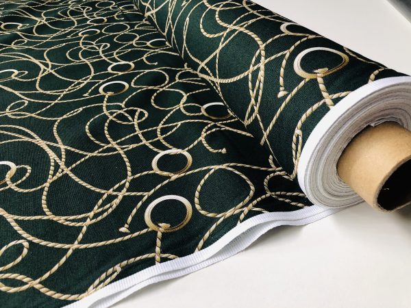 Dark Green Golden Chain Fabric for Curtains Upholstery Dressmaking - Gold Rope Ring Jewellery Print 100% Cotton Material - 55"/140cm wide - Image 3