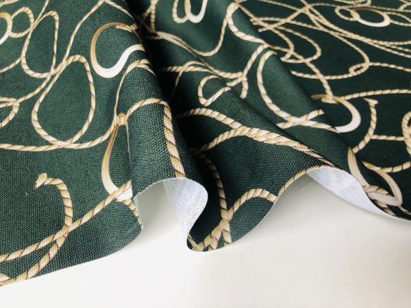 Dark Green Golden Chain Fabric for Curtains Upholstery Dressmaking - Gold Rope Ring Jewellery Print 100% Cotton Material - 55"/140cm wide - Image 4