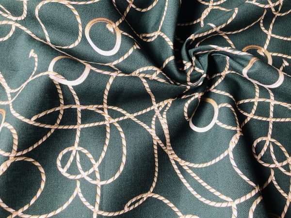 Dark Green Golden Chain Fabric for Curtains Upholstery Dressmaking - Gold Rope Ring Jewellery Print 100% Cotton Material - 55"/140cm wide - Image 5