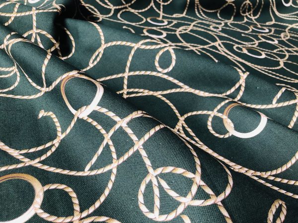 Dark Green Golden Chain Fabric for Curtains Upholstery Dressmaking - Gold Rope Ring Jewellery Print 100% Cotton Material - 55"/140cm wide - Image 6