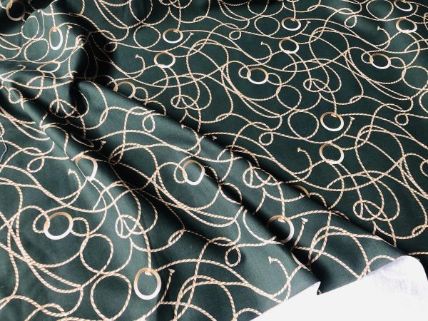 Dark Green Golden Chain Fabric for Curtains Upholstery Dressmaking - Gold Rope Ring Jewellery Print 100% Cotton Material - 55"/140cm wide - Image 7
