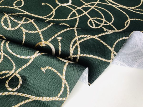 Dark Green Golden Chain Fabric for Curtains Upholstery Dressmaking - Gold Rope Ring Jewellery Print 100% Cotton Material - 55"/140cm wide - Image 8