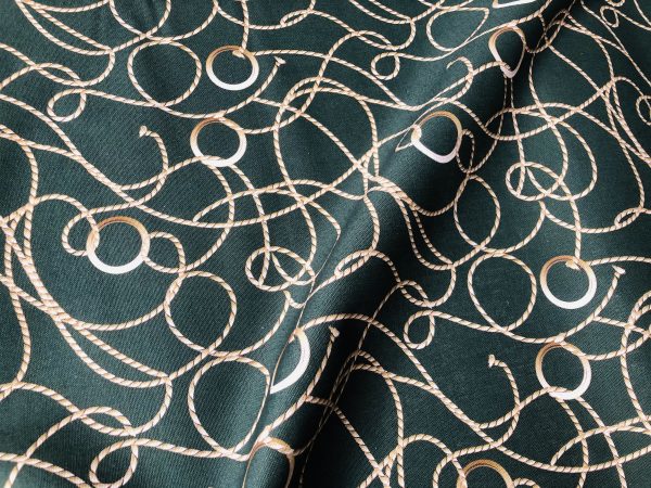 Dark Green Golden Chain Fabric for Curtains Upholstery Dressmaking - Gold Rope Ring Jewellery Print 100% Cotton Material - 55"/140cm wide - Image 9