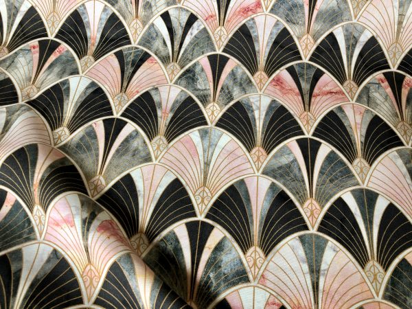 Marble Pink Fan Bow Art Deco Nouveau Geometric Shell Damask Fabric Fountain Leaf - Curtain Upholstery Home decor - 55"/140cm Wide - Image 3