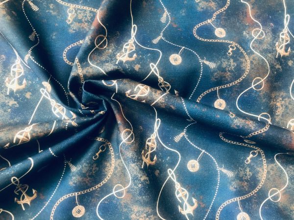 Navy Blue Marine Fabric for Curtains Upholstery Dressmaking - Nautical Gold Chains Copper Anchor Print 100% Cotton Material - 55"/140cm wide - Image 2