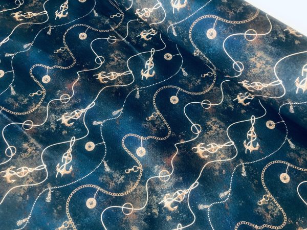 Navy Blue Marine Fabric for Curtains Upholstery Dressmaking - Nautical Gold Chains Copper Anchor Print 100% Cotton Material - 55"/140cm wide - Image 3