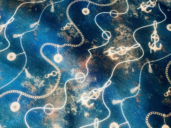 Navy Blue Marine Fabric for Curtains Upholstery Dressmaking - Nautical Gold Chains Copper Anchor Print 100% Cotton Material - 55"/140cm wide - Image 4