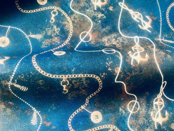Navy Blue Marine Fabric for Curtains Upholstery Dressmaking - Nautical Gold Chains Copper Anchor Print 100% Cotton Material - 55"/140cm wide - Image 5