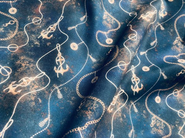 Navy Blue Marine Fabric for Curtains Upholstery Dressmaking - Nautical Gold Chains Copper Anchor Print 100% Cotton Material - 55"/140cm wide - Image 6