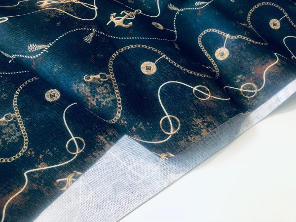 Navy Blue Marine Fabric for Curtains Upholstery Dressmaking - Nautical Gold Chains Copper Anchor Print 100% Cotton Material - 55"/140cm wide - Image 7