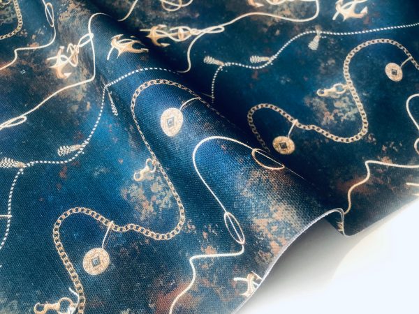Navy Blue Marine Fabric for Curtains Upholstery Dressmaking - Nautical Gold Chains Copper Anchor Print 100% Cotton Material - 55"/140cm wide - Image 8