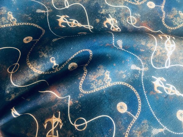 Navy Blue Marine Fabric for Curtains Upholstery Dressmaking - Nautical Gold Chains Copper Anchor Print 100% Cotton Material - 55"/140cm wide - Image 9
