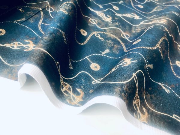 Navy Blue Marine Fabric for Curtains Upholstery Dressmaking - Nautical Gold Chains Copper Anchor Print 100% Cotton Material - 55"/140cm wide - Image 10