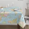 Teflon Waterproof World Map Tablecloth PU Coated Outdoor Fabric For Cushion, Gazebo, Tables, Beach – 55"/140cm Wide – Blue