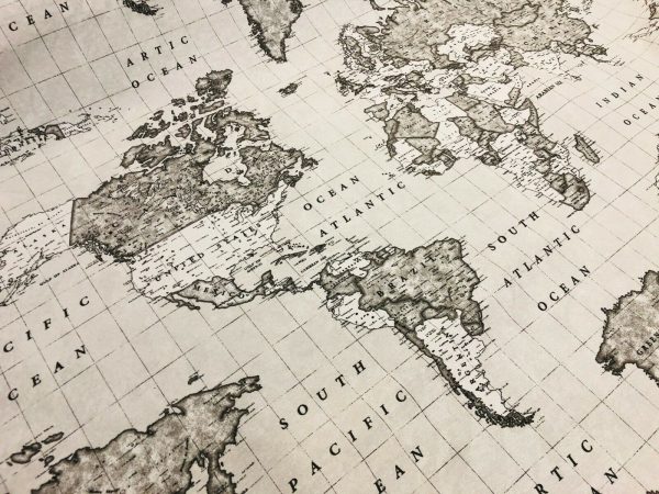 Grey World Map Designer Fabric Curtains Upholstery Dress Cotton Material - Globe Travel Print Canvas - 110"/280cm Wide - Image 4