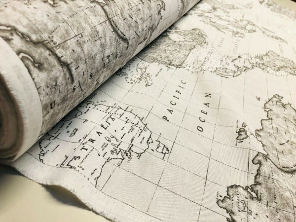 Grey World Map Designer Fabric Curtains Upholstery Dress Cotton Material - Globe Travel Print Canvas - 110"/280cm Wide - Image 5