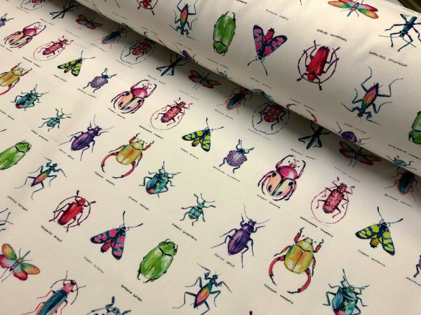 Ivory Bugs & Insects Fabric for Curtains Upholstery Dressmaking – Bee Moth Butterfly Dragonfly Print 100% Cotton Material – 55"/140cm wide