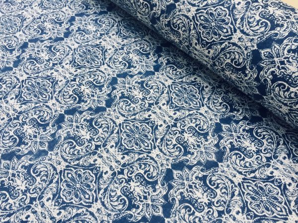 JACQUARD Baroque Floral Vintage Damask Print Fabric Material for Curtains Upholstery Dressmaking - 110''/280cm wide NAVY & CREAM Canvas - Image 3