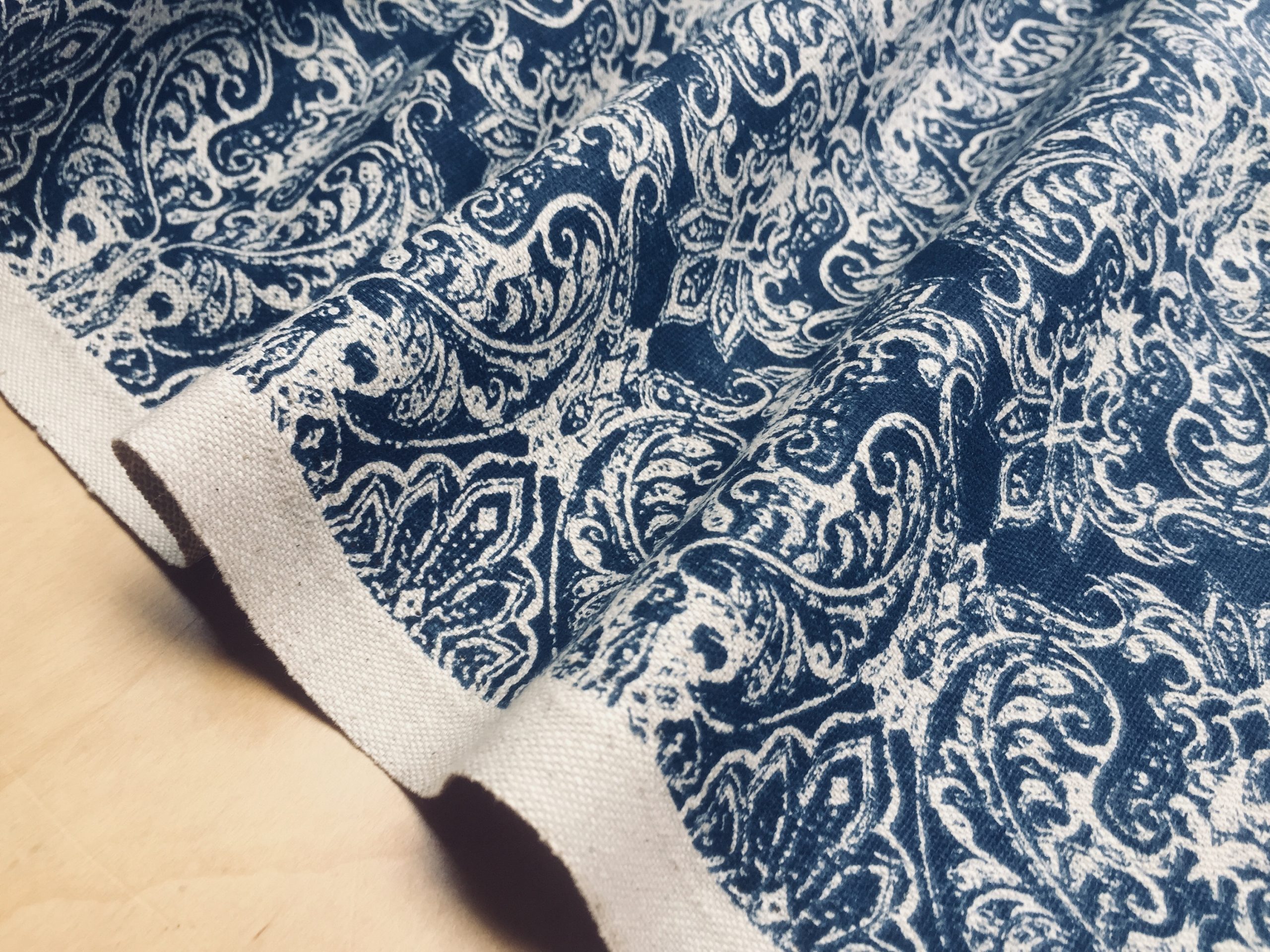 Dark Blue Drapery Upholstery Fabric Large-Scale Jacquard Floral Beige 