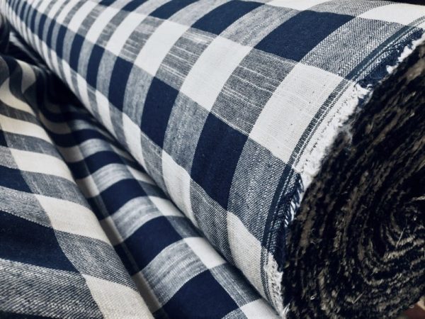 Navy & White Gingham Linen Checked Linen Fabric Plaid Material Buffalo Check Cotton Yarn – Dressmaking, Curtains, – 140 cm Wide