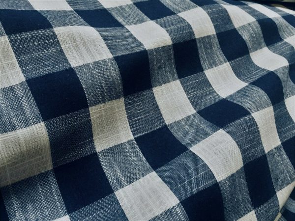 Navy Blue & White Gingham Linen Checked Linen Fabric Plaid Material Buffalo Check Cotton Yarn - Dressmaking Curtains - 140 cm Wide - Image 3
