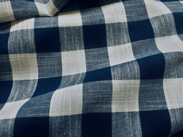 Navy Blue & White Gingham Linen Checked Linen Fabric Plaid Material Buffalo Check Cotton Yarn - Dressmaking Curtains - 140 cm Wide - Image 4