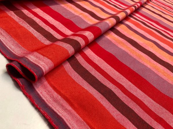 RASPBERRY RED BROWN Striped Dress Home Decor Light Upholstery Material Curtains Stripes Cotton Satin Feel Fabric – 55"/140cm Wide