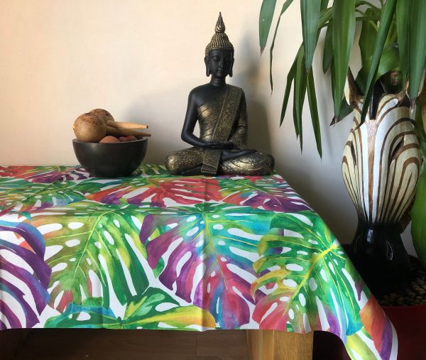 TEFLON Red and Green Tropical Palm Leaves Botanical Leaf Garden Tablecloth PU Coated Outdoor Fabric For Cushion Gazebo - 55"/140cm Wide - Image 2