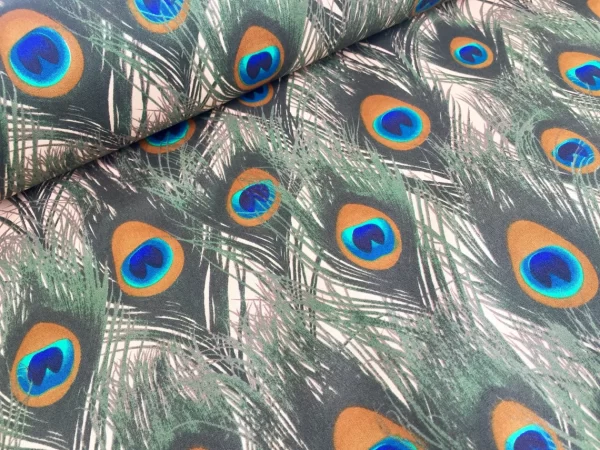 PEACOCK Fans Satin Fabric Material - Animal Print Fans Feathers Home Decor Bedding Dressmaking  - 59" or 150cm Wide - BEIGE