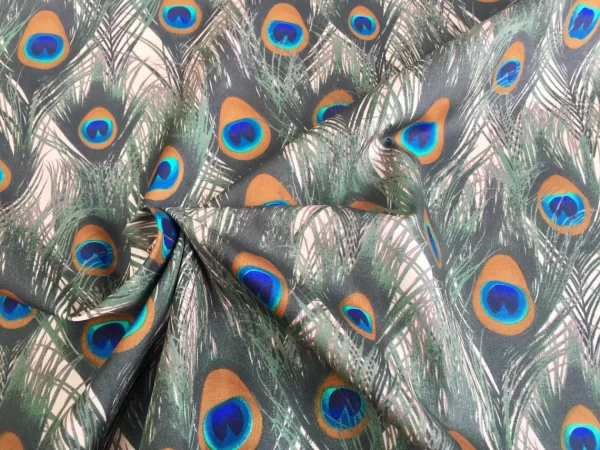 PEACOCK Fans Satin Fabric Material - Animal Print Fans Feathers Home Decor Bedding Dressmaking  - 59" or 150cm Wide - BEIGE - Image 2
