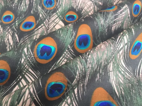 PEACOCK Fans Satin Fabric Material - Animal Print Fans Feathers Home Decor Bedding Dressmaking  - 59" or 150cm Wide - BEIGE - Image 3