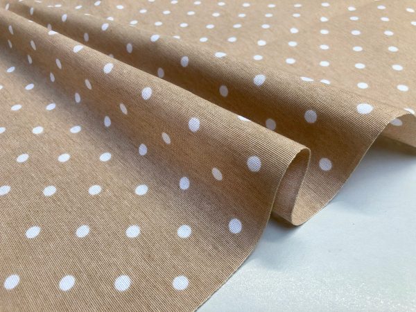 BEIGE Polka Dot Fabric White Spots Dots PolyCotton Material Classic Chic Textile Home Decor Dress Curtains – 55''/140cm Wide Canvas