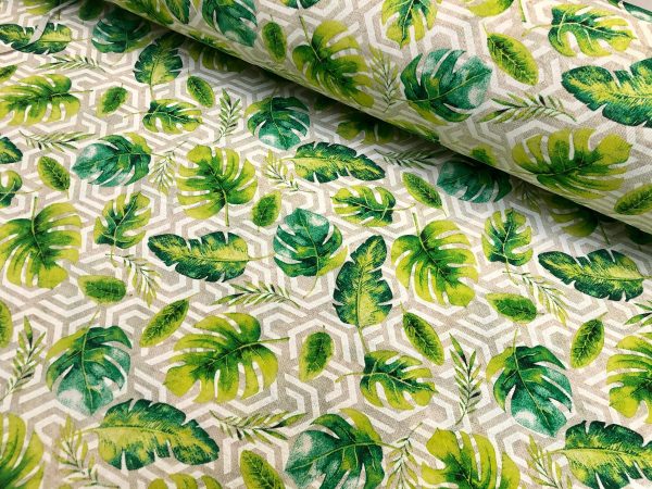 Geometric Palm Leaf Fabric Banana leaves Print Cotton Curtain Rhombus Upholstery Material Beige & Green – 55"/140cm wide Canvas