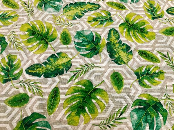 Geometric Palm Leaf Fabric Banana leaves Print Cotton Curtain Rhombus Upholstery Material Beige & Green - 55"/140cm wide Canvas - Image 2