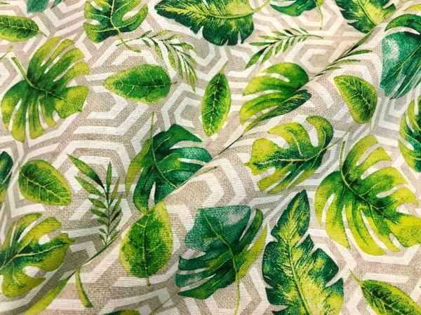Geometric Palm Leaf Fabric Banana leaves Print Cotton Curtain Rhombus Upholstery Material Beige & Green - 55"/140cm wide Canvas - Image 5