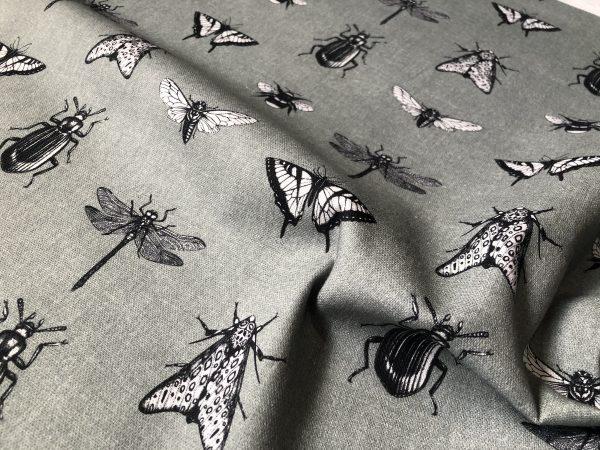 Grey Bugs & Insects Fabric for Curtains Upholstery Dressmaking Bee Moth Butterfly Dragonfly Print 100% Cotton Material 110"/280cm extra wide