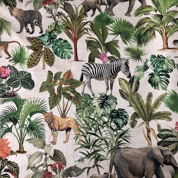 Safari Zoo African Animal Digital Print Fabric Tropical Jungle Palm Flower Leaf Material Linen Look  – 54"/138cm wide Canvas