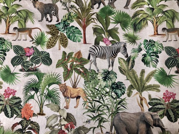 Safari Zoo African Animal Digital Print Fabric Tropical Jungle Palm Flower Leaf Material Linen Look  - 54"/138cm wide Canvas - Image 2