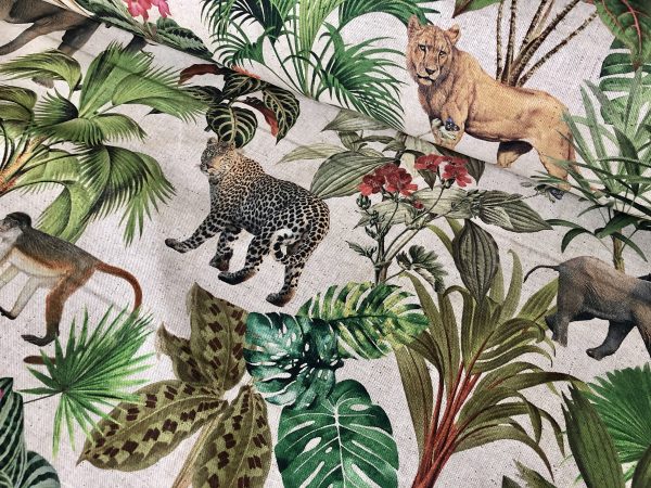 Safari Zoo African Animal Digital Print Fabric Tropical Jungle Palm Flower Leaf Material Linen Look  - 54"/138cm wide Canvas - Image 4