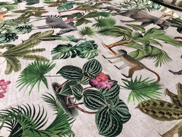 Safari Zoo African Animal Digital Print Fabric Tropical Jungle Palm Flower Leaf Material Linen Look  - 54"/138cm wide Canvas - Image 6