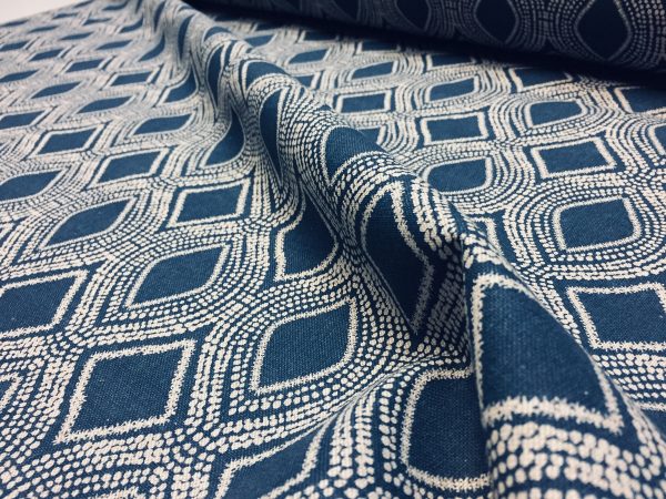 Art Deco Damask Rhombus Diamond Fabric Linen Look Material – Furnishing, Curtains, Upholstery – 280cm Wide – Navy Blue & Cream