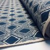 Art Deco Damask Rhombus Diamond Fabric Linen Look Material – Furnishing, Curtains, Upholstery – 280cm Wide – Navy Blue & Cream