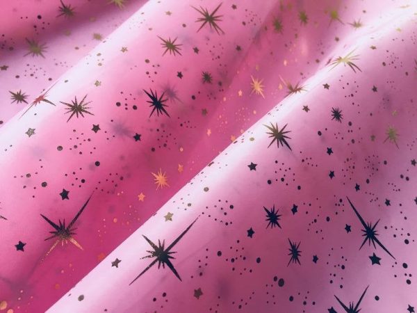 ICE STAR Silk Taffeta fabric nylon material Taffeta Foil Gold Stars – 55"/ 140cm wide – Baby PINK