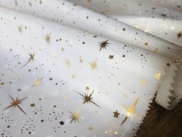 ICE STAR Silk Taffeta fabric nylon material Taffeta Foil Gold Stars – 55"/ 140cm wide – WHITE