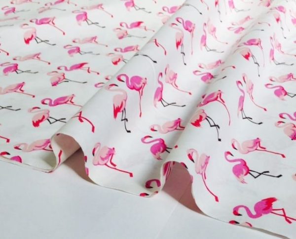 Pink Flamingo Poplin Fabric Bird Print Material 100% Cotton for Face Mask, Dress, Home decor - 150cm Wide - White - Image 2