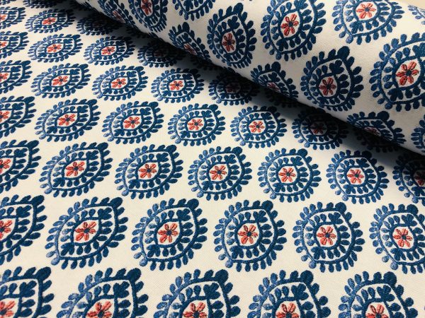 Floral Aztec Spanish Geometric Diamond Flower Tile Fabric Cotton Panama Curtain Upholstery Material – 55"/140cm wide – Blue & Red