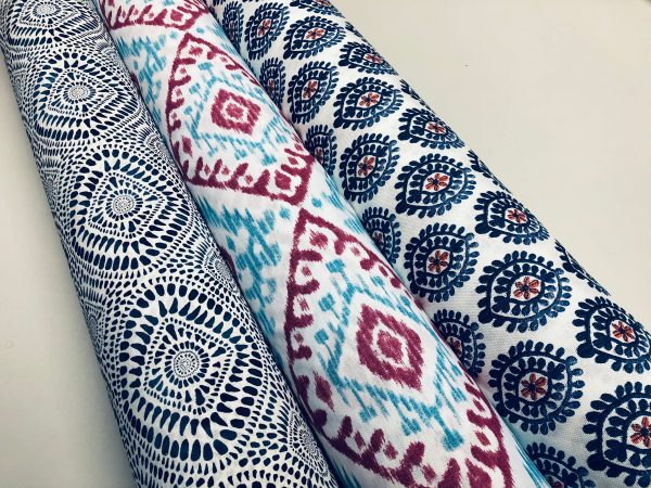 Floral Aztec Spanish Geometric Diamond Flower Tile Fabric Cotton Panama Curtain Upholstery Material - 55"/140cm wide - Blue & Red - Image 7