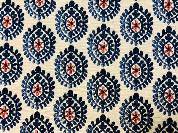 Floral Aztec Spanish Geometric Diamond Flower Tile Fabric Cotton Panama Curtain Upholstery Material - 55"/140cm wide - Blue & Red - Image 4